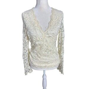 MODA International Vintage Cream Ivory Floral Lace Long Sleeve Top Size S